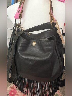 mcfadin Black Leather Fringe Shoulder Bag with Pink Accent Strap